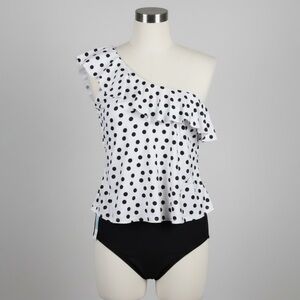 Yonique Polka Dot One Shoulder Tankini 22w and XXL High Waisted Black bottoms